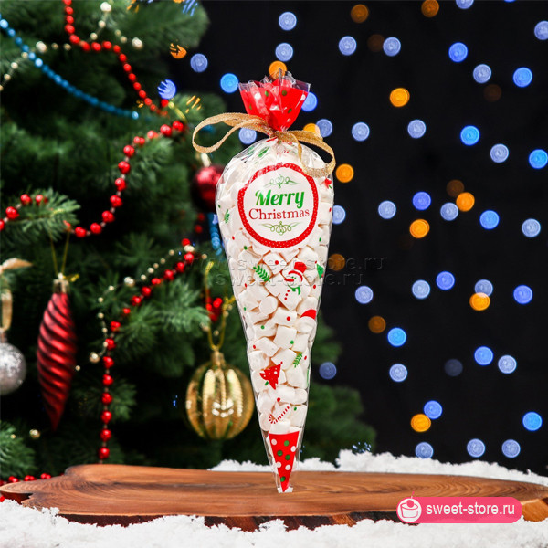 Пакетик - конус с твист - лентой Новогодний Merry Christmas 15,5 х 30 см / 10 шт
